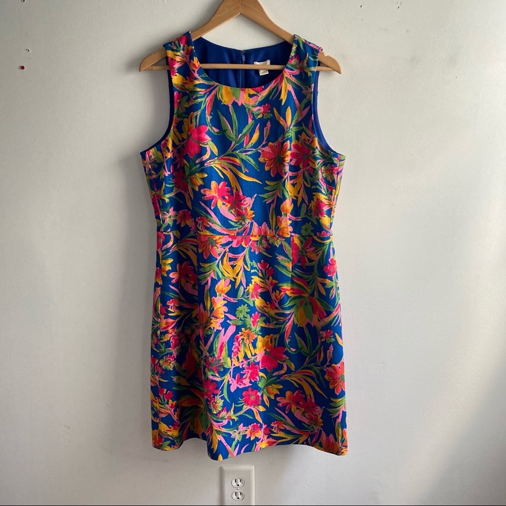 J Crew blue tropical floral textured woven cotton sheath dress